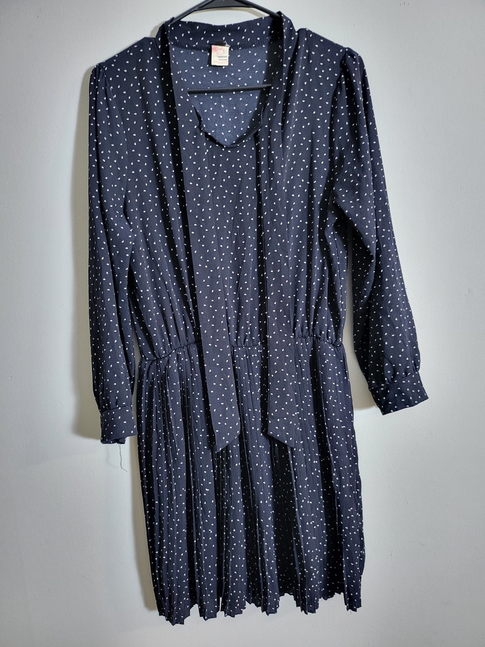 Dotted Long-Sleeve Black Tie-Neck Dress